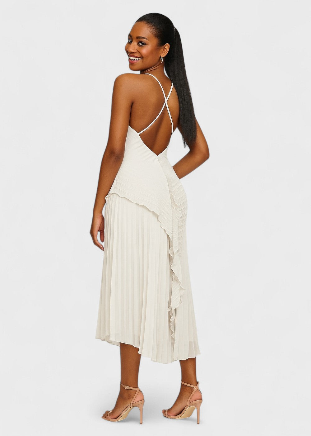 Elegant halter-neck dress with cascading ruffles - Vichy Signature