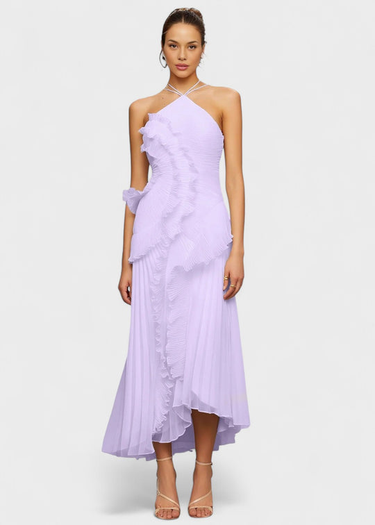 Elegant halter-neck dress with cascading ruffles - Vichy Signature