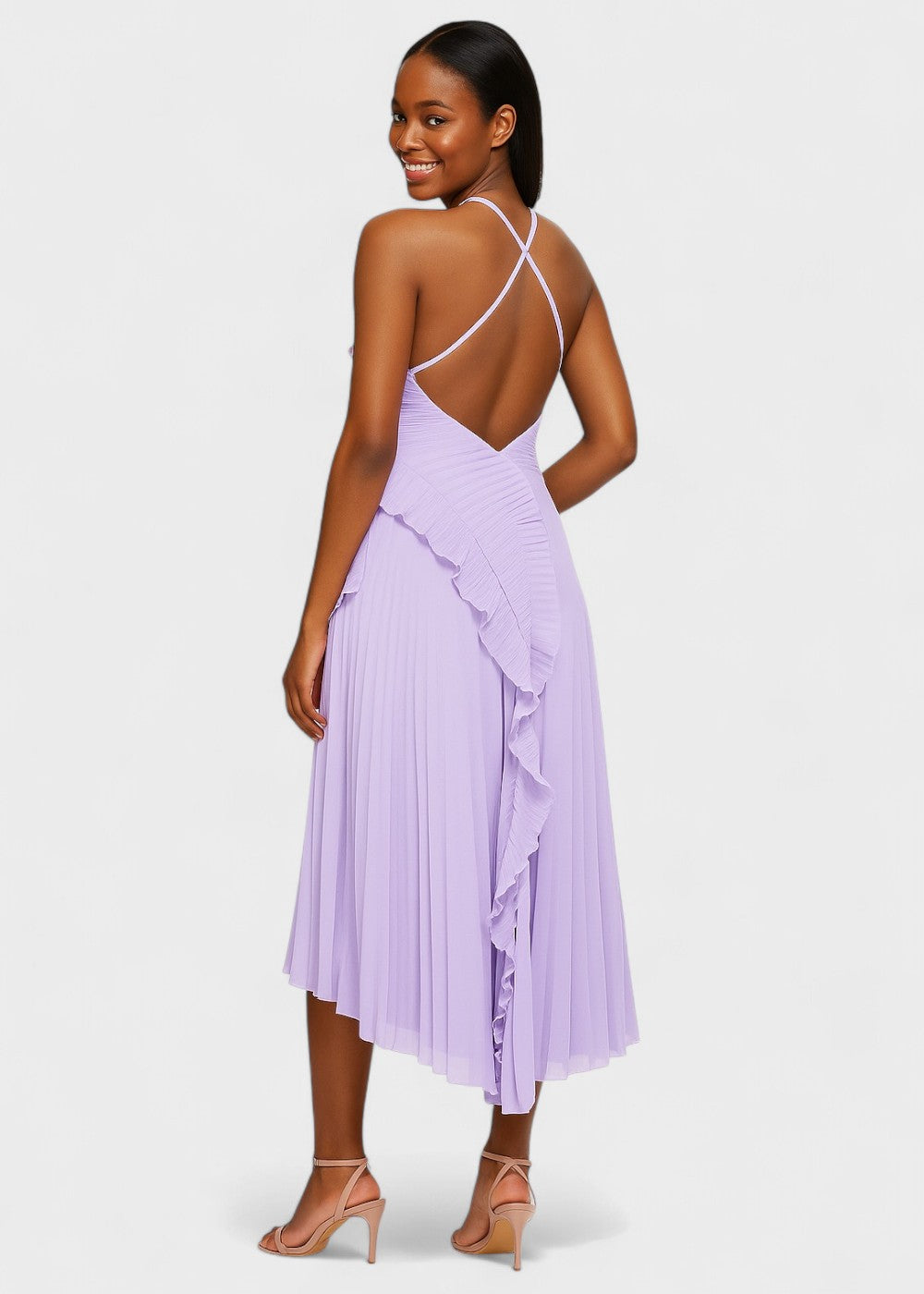 Elegant halter-neck dress with cascading ruffles - Vichy Signature