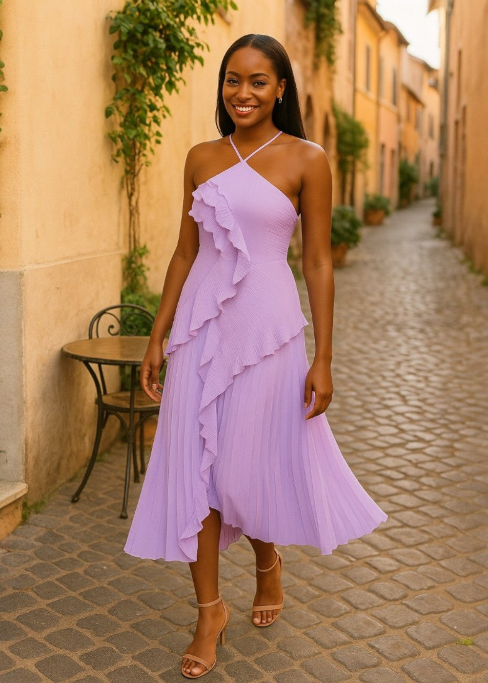 Elegant halter-neck dress with cascading ruffles - Vichy Signature