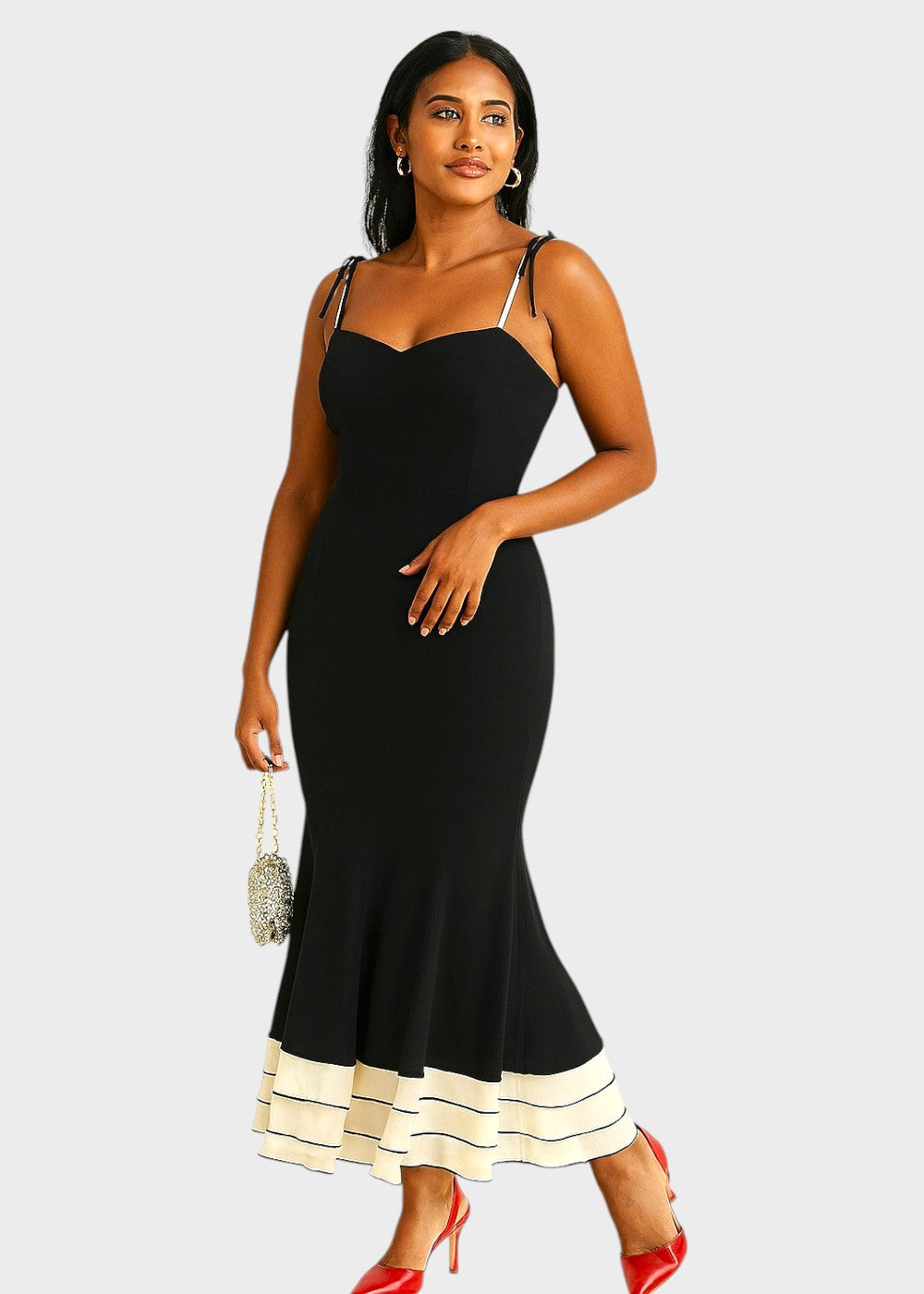 Tight black long dress with sweetheart neckline and thin straps