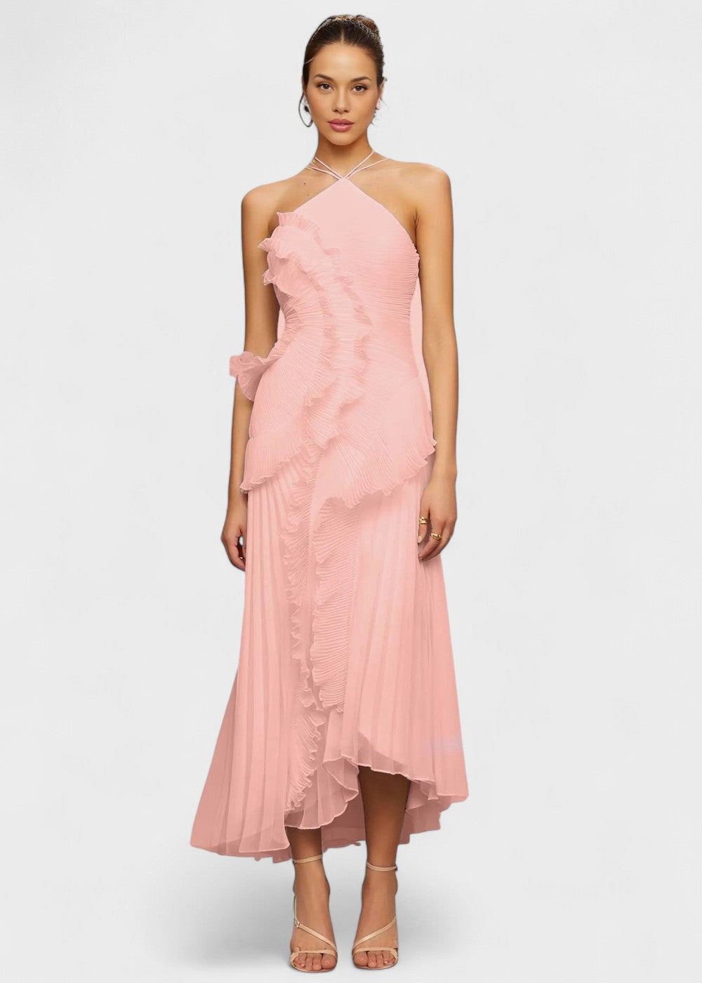 Elegant halter-neck dress with cascading ruffles - Vichy Signature